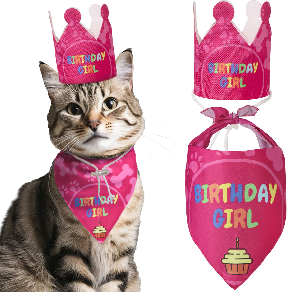 Odi Style Cat Birthday Decorations - Cat Birthday Hat Crown and Cat Birthday Bandana Girl Kitten Cat Birthday Gift Outfit Happy Cat Party Decor Cat Products Pink