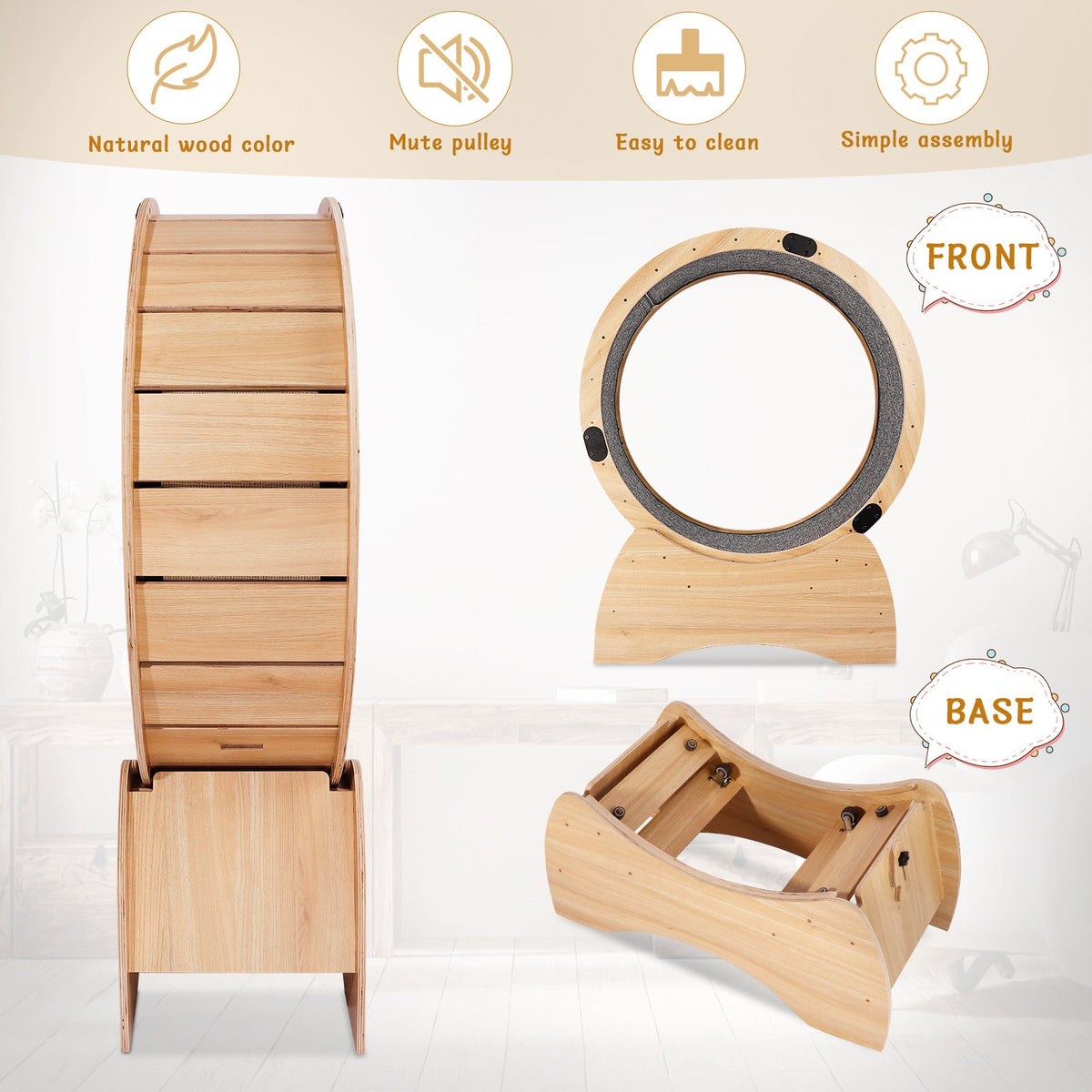 Natural Wood Cat Exercise Wheel with Carpeted Track