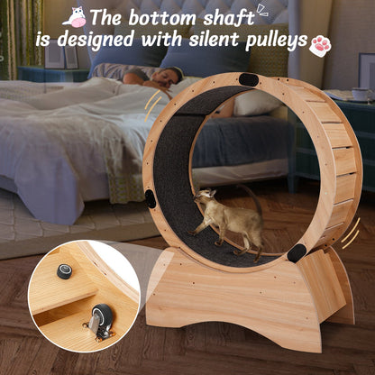 Natural Wood Cat Exercise Wheel with Carpeted Track