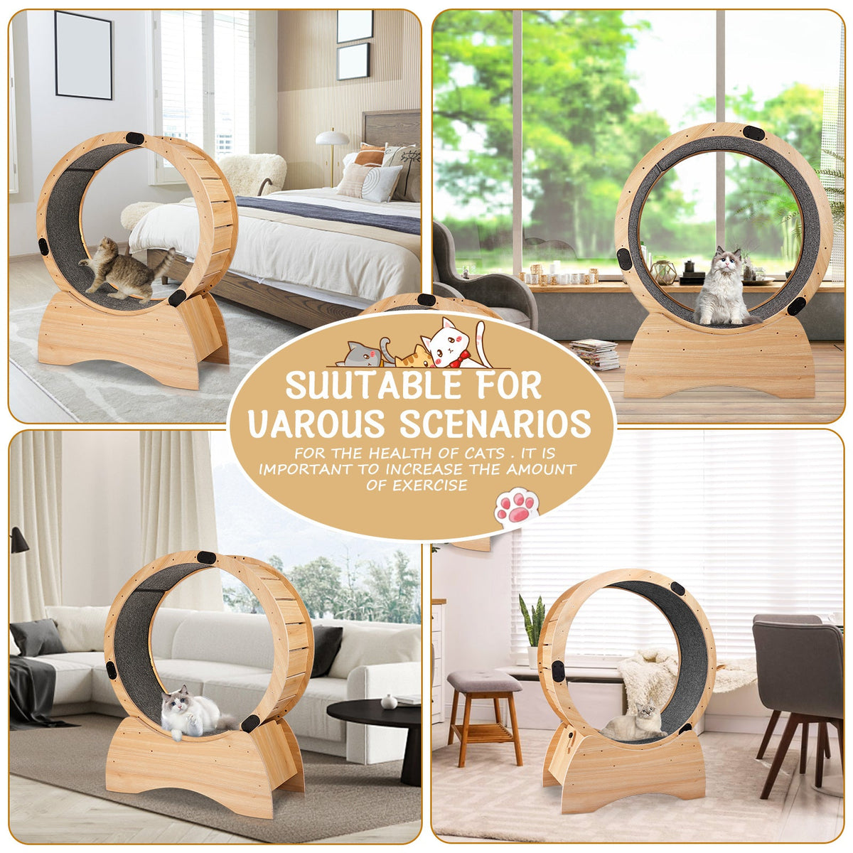 Natural Wood Cat Exercise Wheel with Carpeted Track