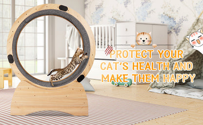 Natural Wood Cat Exercise Wheel with Carpeted Track