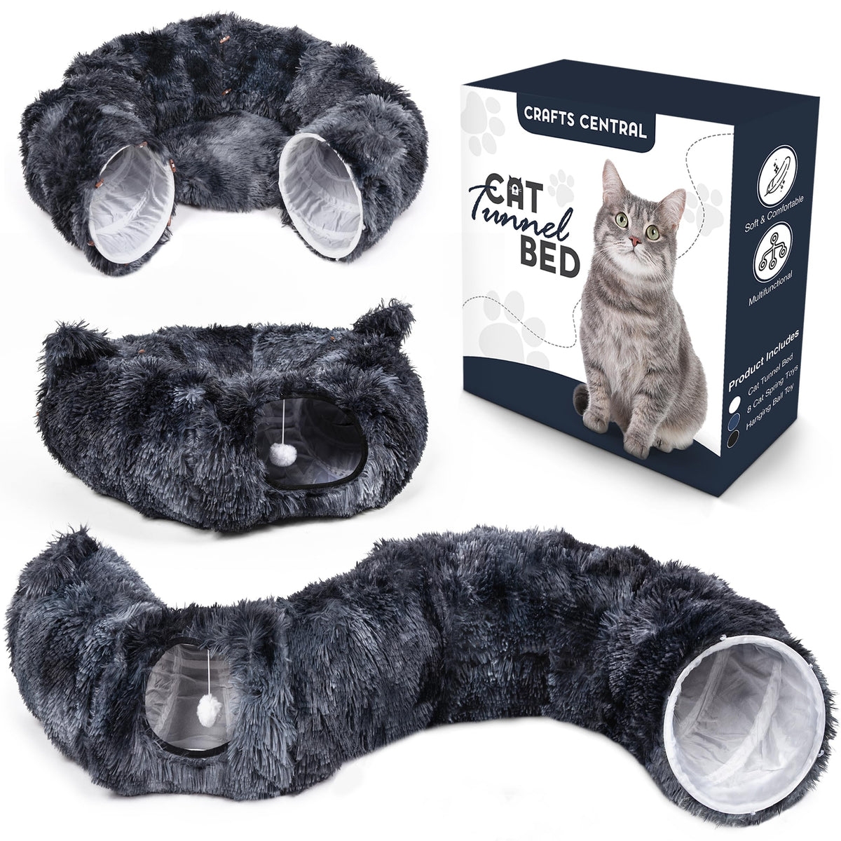 Cat Tunnel Bed with 8 Cat Spring Toys - Furry Cat Tunnel Bed Kitty Ears Design Large Cat Donut Tunnel Cat Bed for Indoor Cats Cat Tunnel Cave - Great Indoor cat Toy