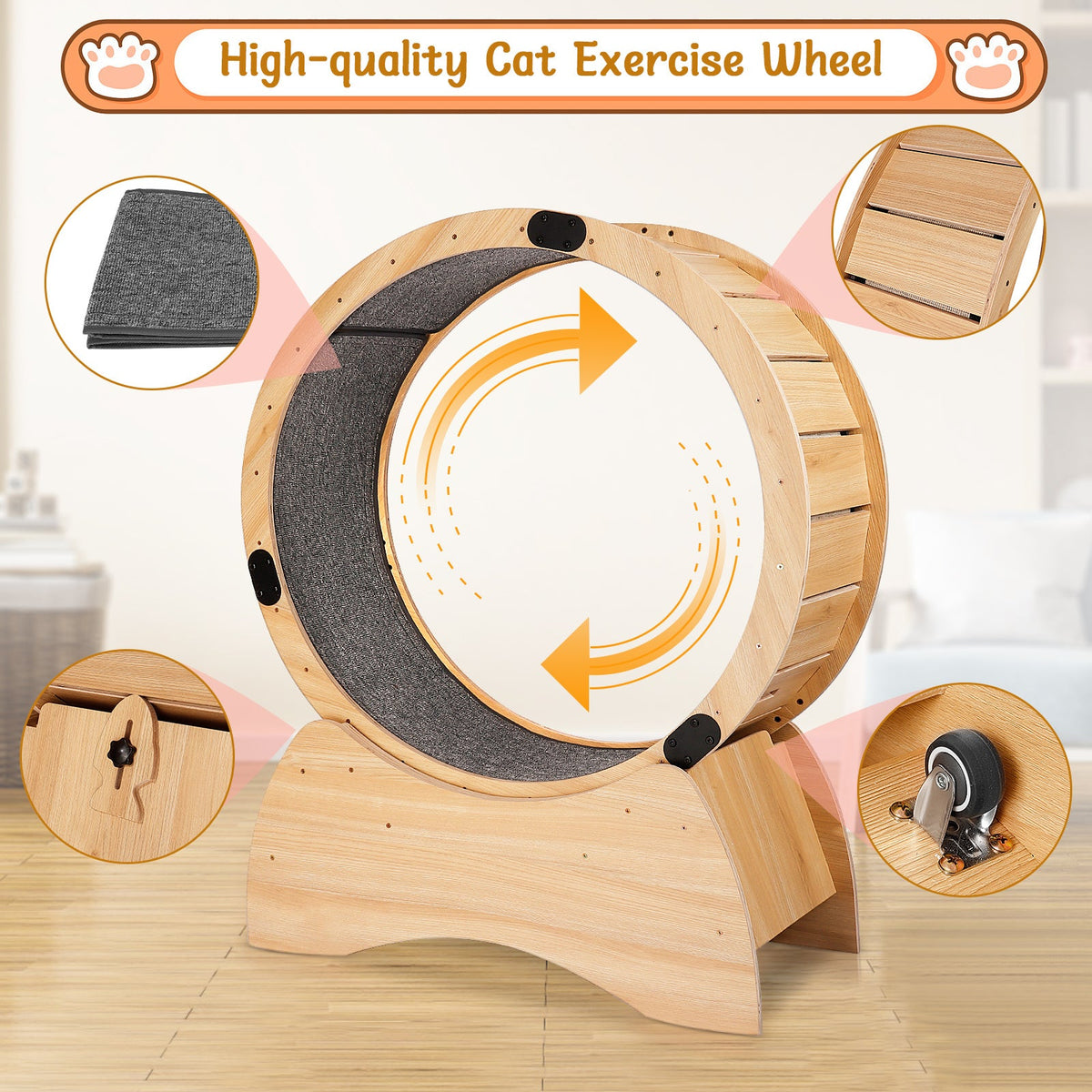Natural Wood Cat Exercise Wheel with Carpeted Track
