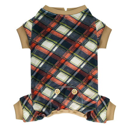 KYEESE Dog Pajamas Soft Dog Pajamas for Small Medium Dogs Stretchable Dog Onesie Velvet Checkered Dog Coat Comfy Dog Pjs Dog Apparel Dog Clothes Khaki XL